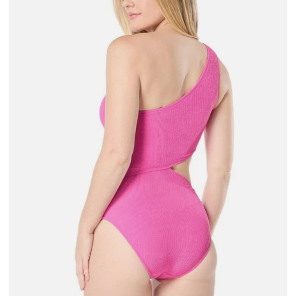 Michael Kors Women's Ribbed One-Shoulder Side-Cutout Swimsuit Pink Size 10 15010 - Picture 2 of 2